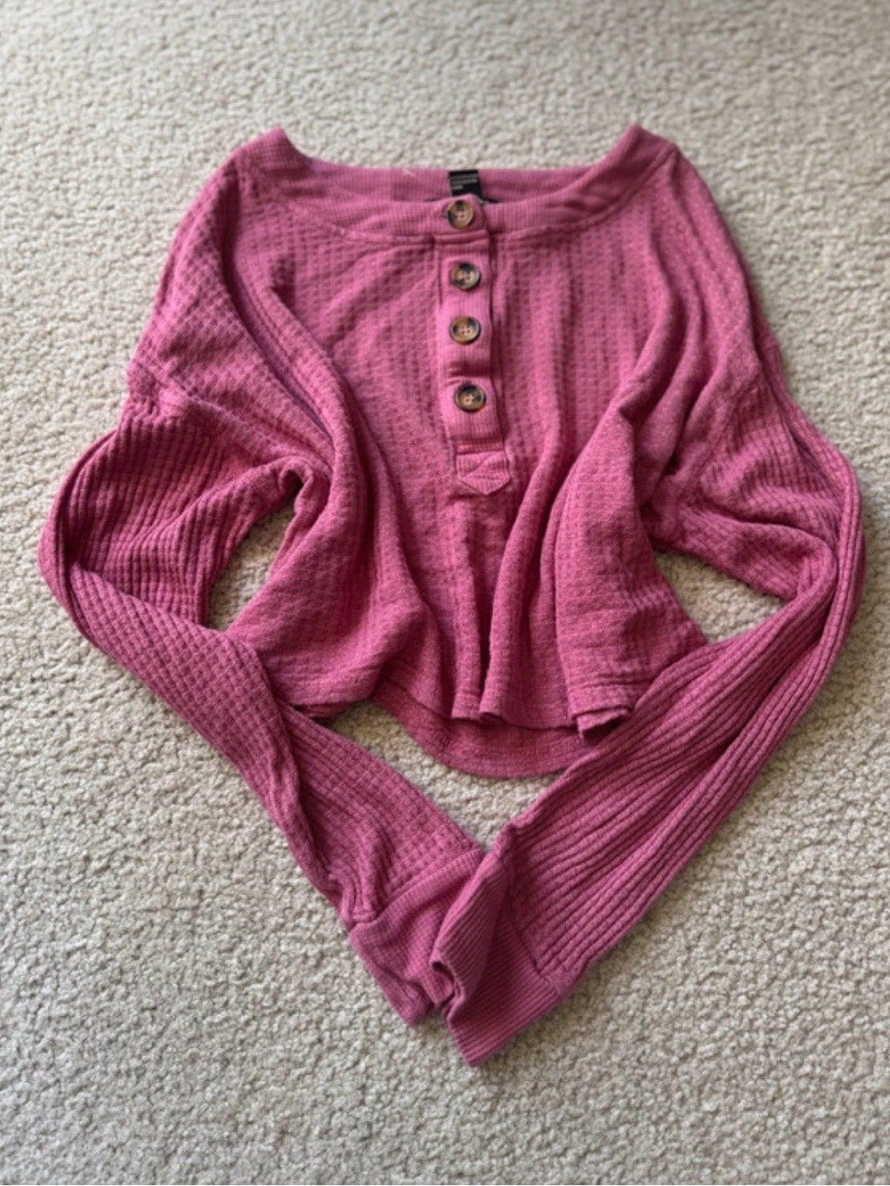 Forever 21 Pink Waffle-Knit Henley Sweater top long sleeve y2k
